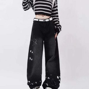 Y2K Grunge Black Star Jeans - Retro 90s Fashion, Summer Y2K Outfits, Gothic Vibes