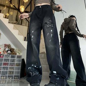 Y2K Grunge Black Star Jeans - Retro 90s Fashion, Summer Y2K Outfits, Gothic Vibes