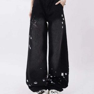 Y2K Grunge Black Star Jeans - Retro 90s Fashion, Summer Y2K Outfits, Gothic Vibes