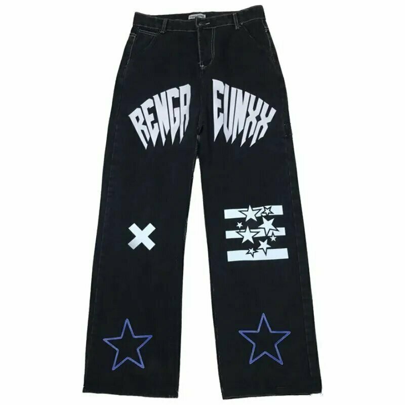 Y2K Grunge Black Star Print High Waist Jeans - 90s Retro Summer Fashion Outfit