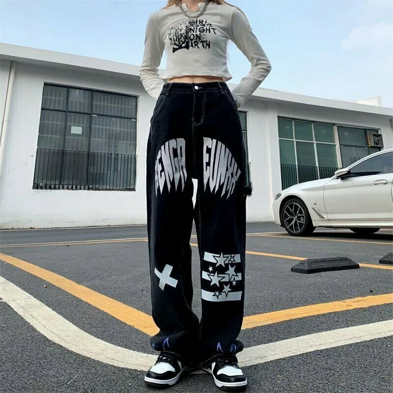 Y2K Grunge Black Star Print High Waist Jeans - 90s Retro Summer Fashion Outfit