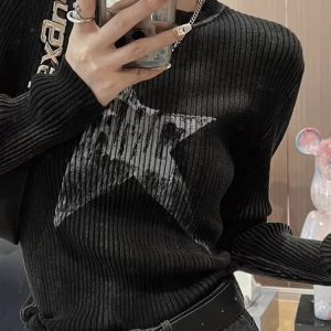 Y2K Grunge Black Striped Knit Sweater - Retro 90s Fashion, Summer Outfits, and Clubwear