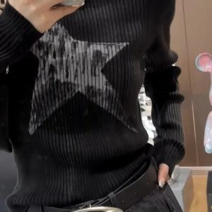 Y2K Grunge Black Striped Knit Sweater - Retro 90s Fashion, Summer Outfits, and Clubwear