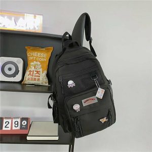 Y2K Grunge Black Waterproof School Backpack - 90s Retro Style for Summer & Party Outfits