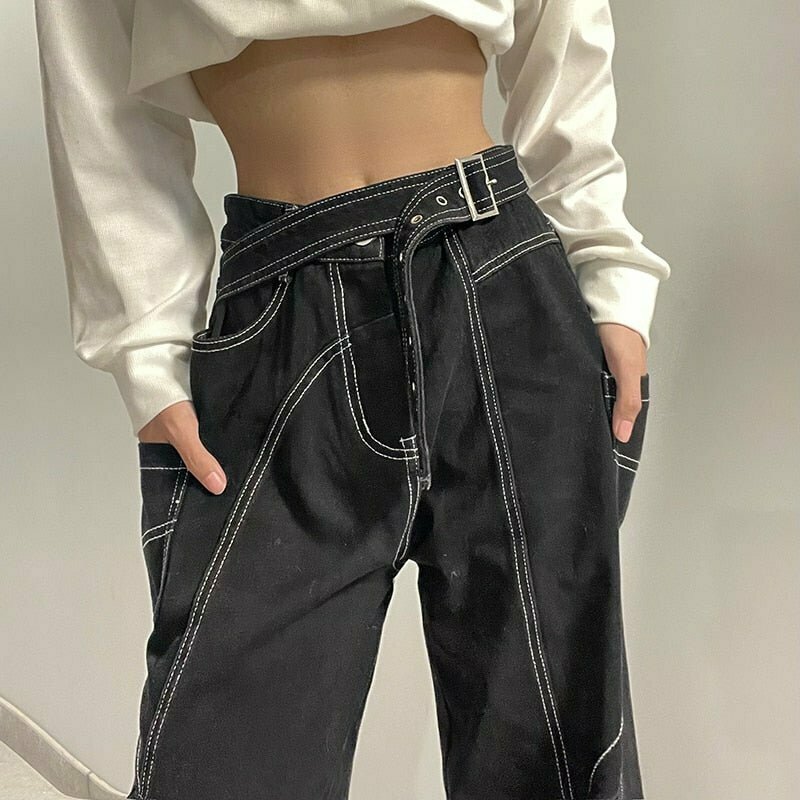 Y2K Grunge Black Wide Leg Jeans - Retro 90s Fashion, Summer Outfits, and Clubwear