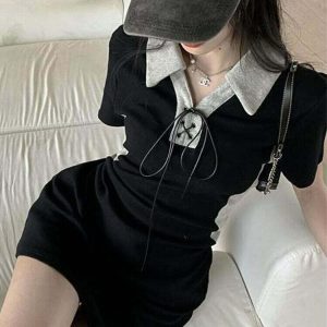 Y2K Grunge Bodycon Polo Collar Dress - Retro 90s Summer Outfit, Gothic Y2K Fashion