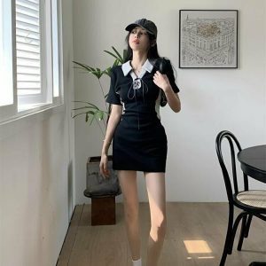 Y2K Grunge Bodycon Polo Collar Dress - Retro 90s Summer Outfit, Gothic Y2K Fashion