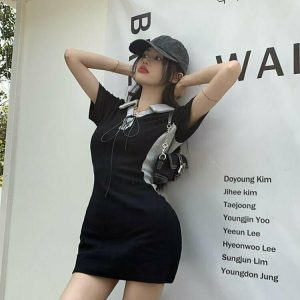 Y2K Grunge Bodycon Polo Collar Dress - Retro 90s Summer Outfit, Gothic Y2K Fashion