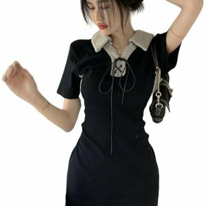 Y2K Grunge Bodycon Polo Collar Dress - Retro 90s Summer Outfit, Gothic Y2K Fashion