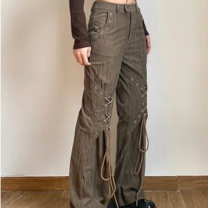 Y2K Grunge Boho Corduroy Lace-Up Trousers - Retro 90s Summer Outfit, Pastel