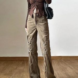 Y2K Grunge Boho Corduroy Lace-Up Trousers - Retro 90s Summer Outfit, Pastel