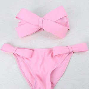 Y2K Grunge Bow Bandeau Bikini Set - Retro 90s Summer Outfit, Pastel Goth Beachwear