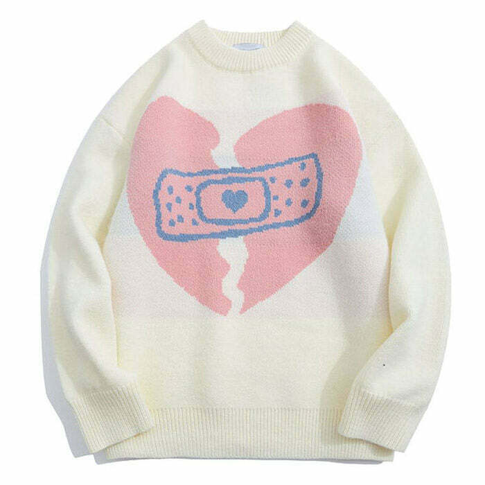 Y2K Grunge Broken Heart Sweater - 90s Retro Style, Summer Y2K Outfits, Pastel