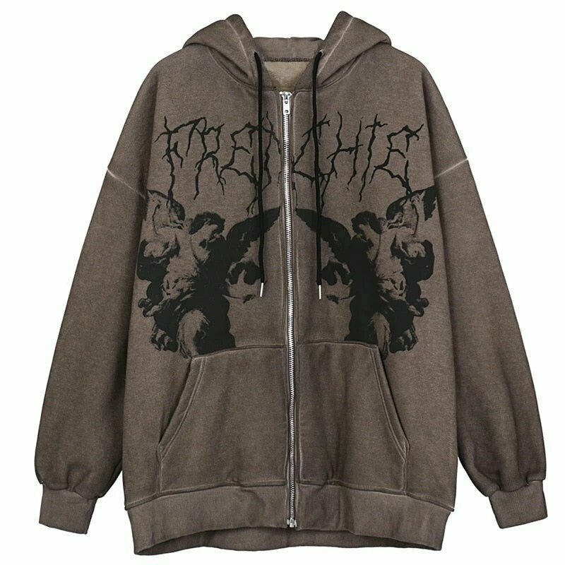 Y2K Grunge Brown Angel Hoodie - 90s Retro Summer Outfit, Y2K Fashion, Gothic Style