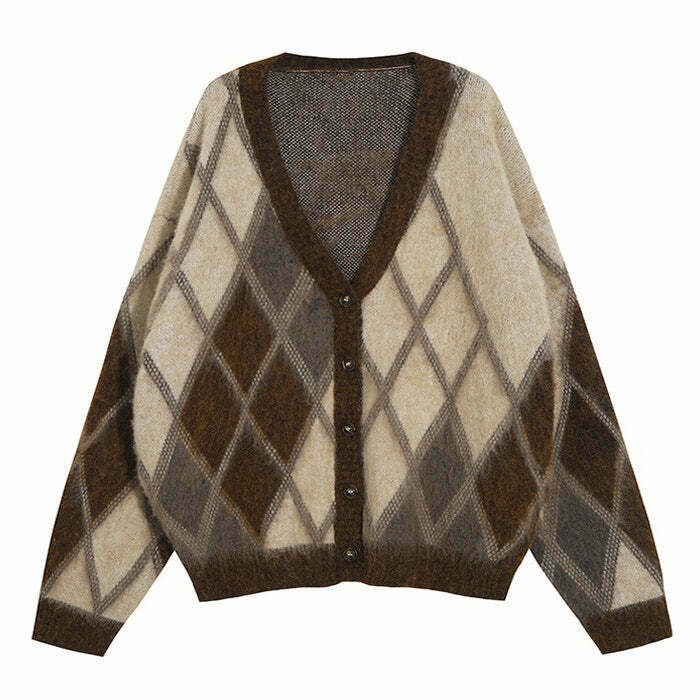 Y2K Grunge Brown Argyle Fuzzy Cardigan - Retro 90s Fashion, Summer Y2K Outfits