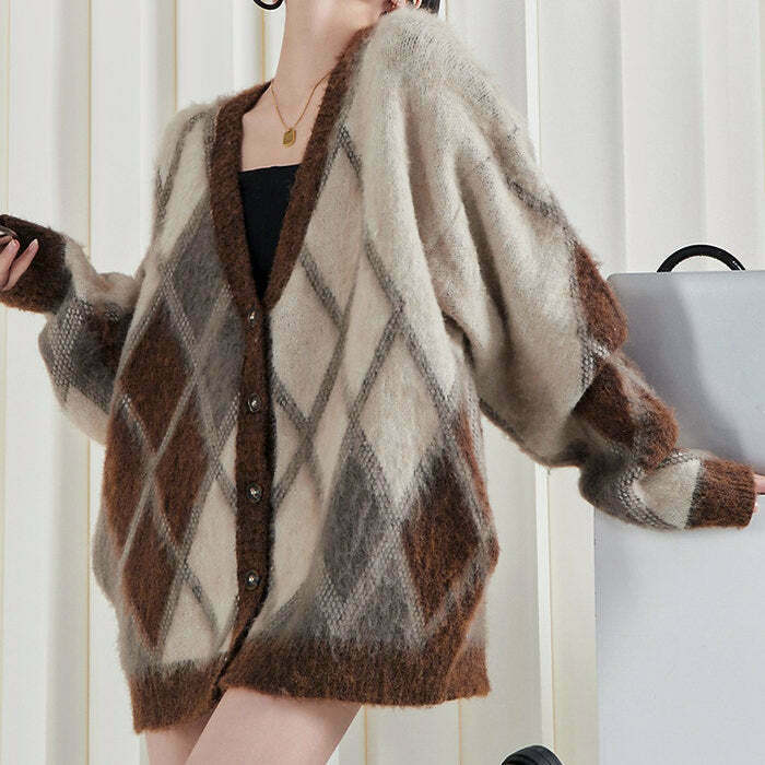 Y2K Grunge Brown Argyle Fuzzy Cardigan - Retro 90s Fashion, Summer Y2K Outfits