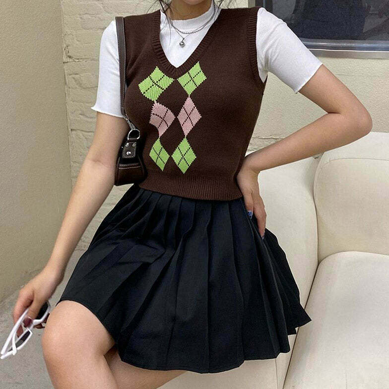 Y2K Grunge Brown Argyle Vest - Retro 90s Fashion, Summer Outfits, and Club Looks