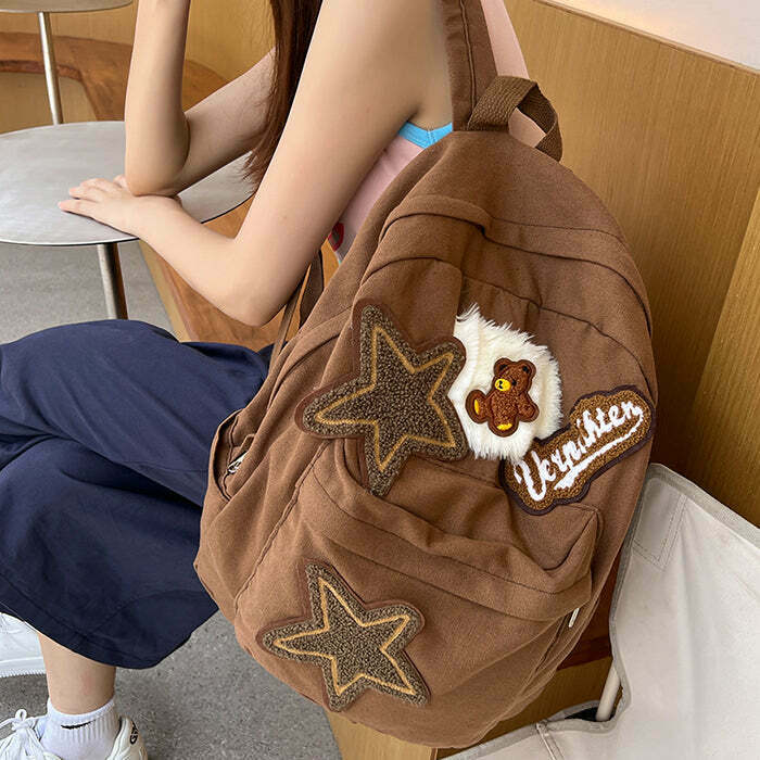 Y2K Grunge Brown Bear Star Backpack - Perfect for 90s and Y2K Summer Outfits & Parties