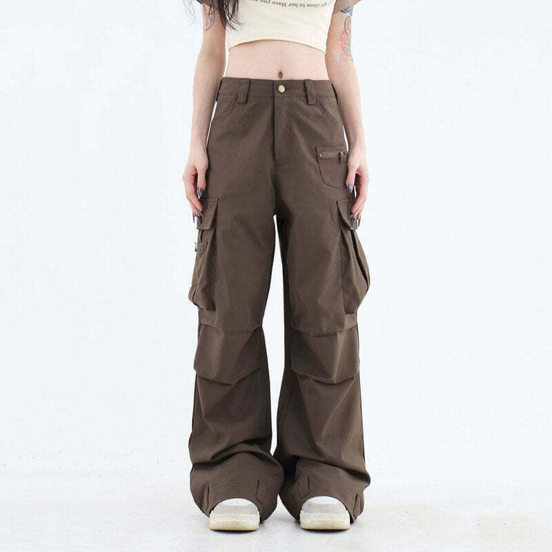 Y2K Grunge Brown Cargo Pants - Retro 90s Fashion, Summer Y2K Outfits, Gothic Style