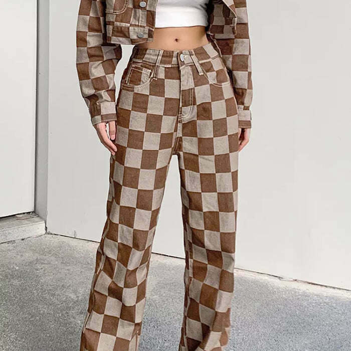 Y2K Grunge Brown Checkered Jeans - Retro 90s Fashion, Summer Y2K Outfits, Hip Hop