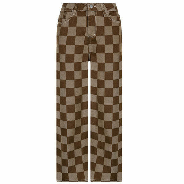 Y2K Grunge Brown Checkered Jeans - Retro 90s Fashion, Summer Y2K Outfits, Hip Hop