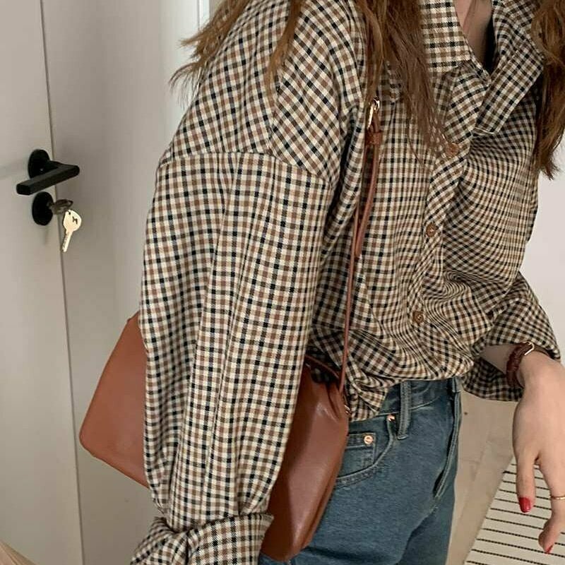 Y2K Grunge Brown Plaid Vintage Shirt - 90s Fashion, Retro Style, Y2K Summer Outfits