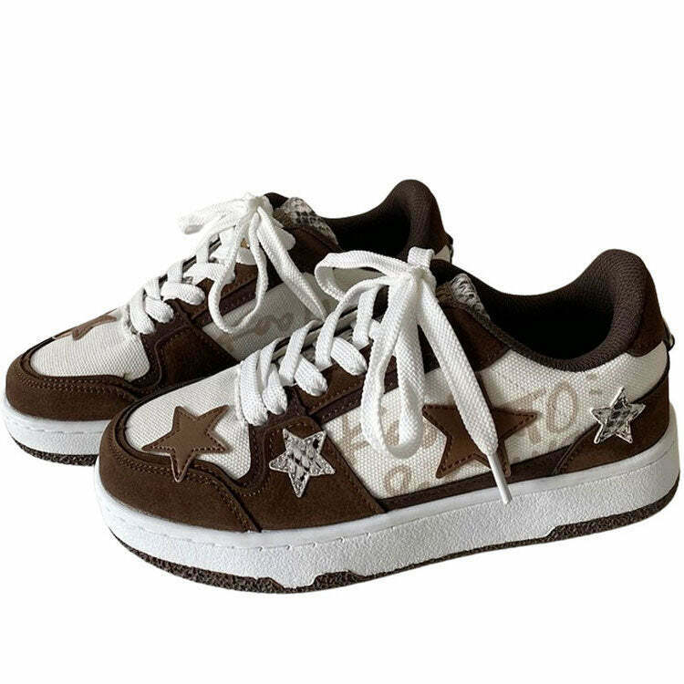 Y2K Grunge Brown Star Aesthetic Sneakers - Retro 90s Fashion, Summer Y2K Outfits