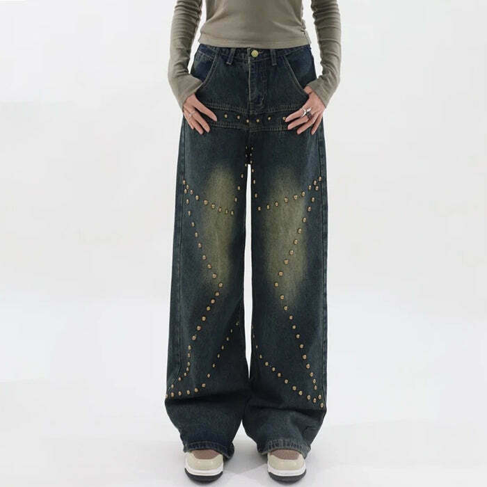 Y2K Grunge Brown Star Rivet Jeans - Retro 90s Fashion, Summer Y2K Outfits, Gothic