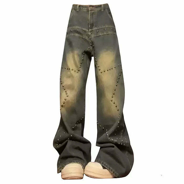 Y2K Grunge Brown Star Rivet Jeans - Retro 90s Fashion, Summer Y2K Outfits, Gothic