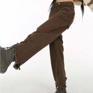 Y2K Grunge Brown Straight Leg Distressed Jeans - 90s Retro Summer Outfit Essentials