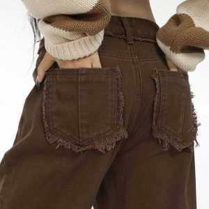 Y2K Grunge Brown Straight Leg Distressed Jeans - 90s Retro Summer Outfit Essentials