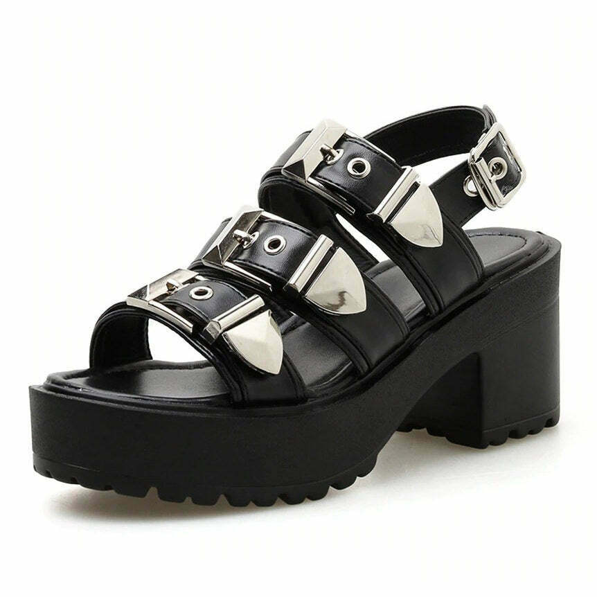 Y2K Grunge Buckle Sandals - Retro 90s Fashion, Summer Y2K Outfits, Gothic Y