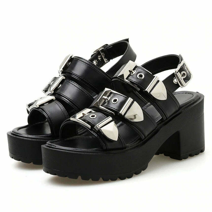 Y2K Grunge Buckle Sandals - Retro 90s Fashion, Summer Y2K Outfits, Gothic Y