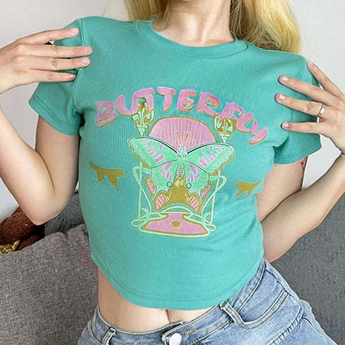 Y2K Grunge Butterfly Crop Top - Retro 90s Fashion, Summer Y2K Outfits, Pastel Goth