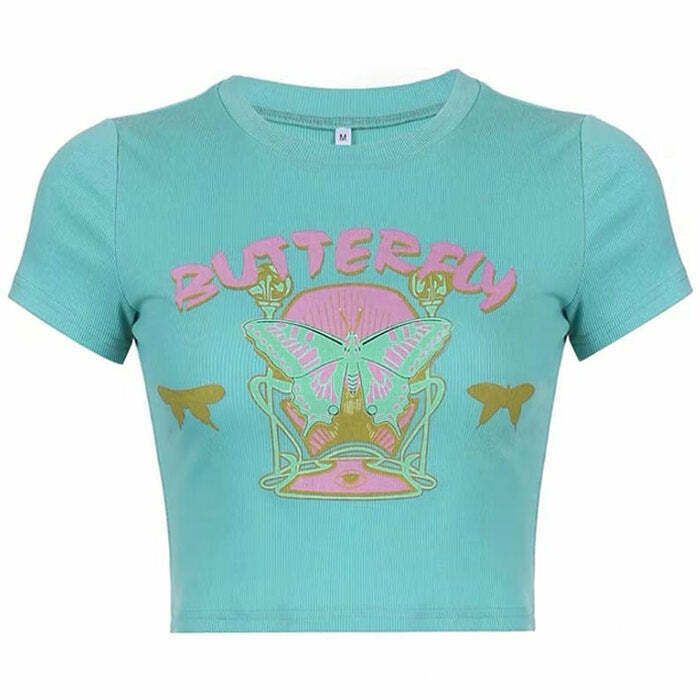 Y2K Grunge Butterfly Crop Top - Retro 90s Fashion, Summer Y2K Outfits, Pastel Goth