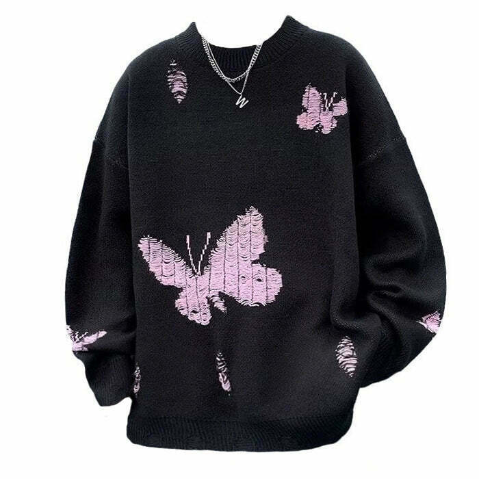 Y2K Grunge Butterfly Embroidery Sweater - Retro 90s Fashion, Summer Y2K Outfits, Past