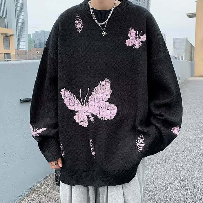 Y2K Grunge Butterfly Embroidery Sweater - Retro 90s Fashion, Summer Y2K Outfits, Past