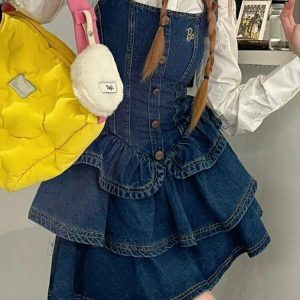 Y2K Grunge Cake Ruffle Mini Denim Dress - 90s Summer Outfit, Retro Style, Y2K Fashion