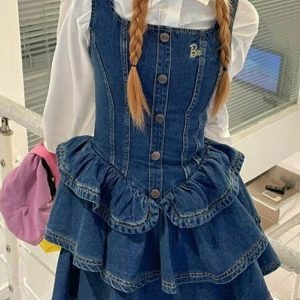 Y2K Grunge Cake Ruffle Mini Denim Dress - 90s Summer Outfit, Retro Style, Y2K Fashion