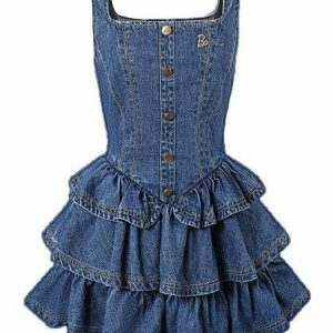 Y2K Grunge Cake Ruffle Mini Denim Dress - 90s Summer Outfit, Retro Style, Y2K Fashion