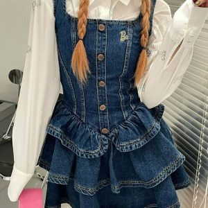 Y2K Grunge Cake Ruffle Mini Denim Dress - 90s Summer Outfit, Retro Style, Y2K Fashion