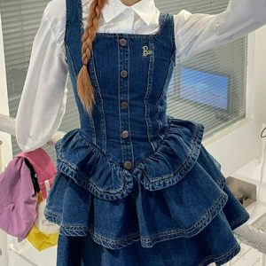 Y2K Grunge Cake Ruffle Mini Denim Dress - 90s Summer Outfit, Retro Style, Y2K Fashion