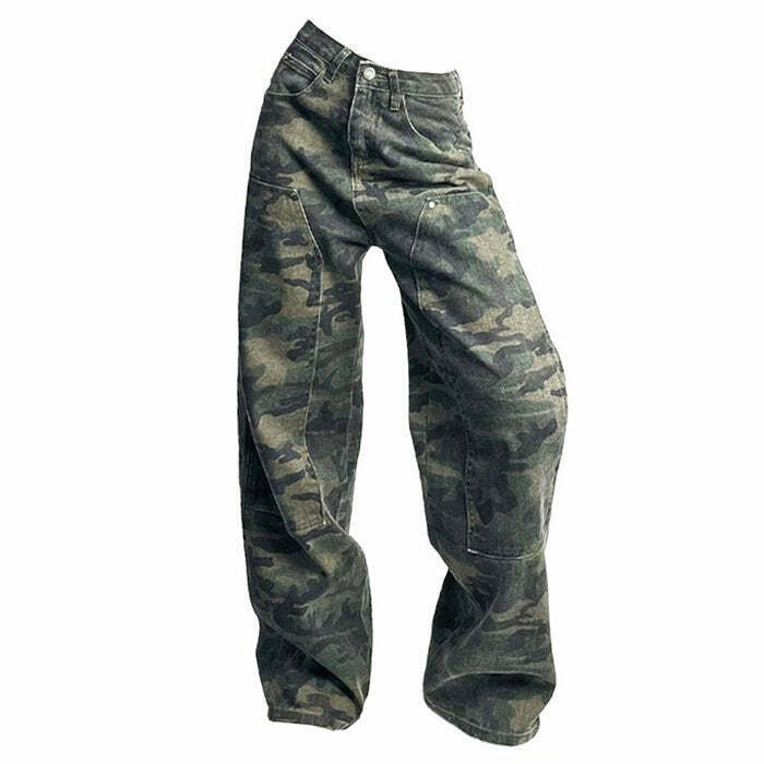 Y2K Grunge Camouflage Cargo Jeans - 90s Retro Summer Outfit, Y2K Fashion Essentials