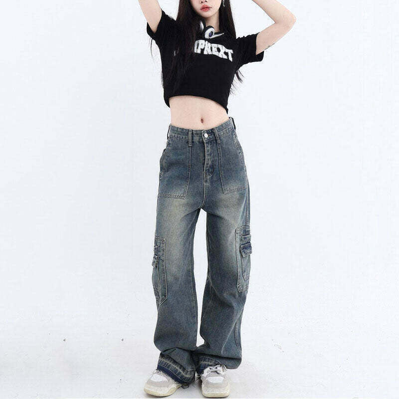 Y2K Grunge Cargo Jeans - 90s Fashion, Retro Style, Y2K Summer Outfits, Gothic Y