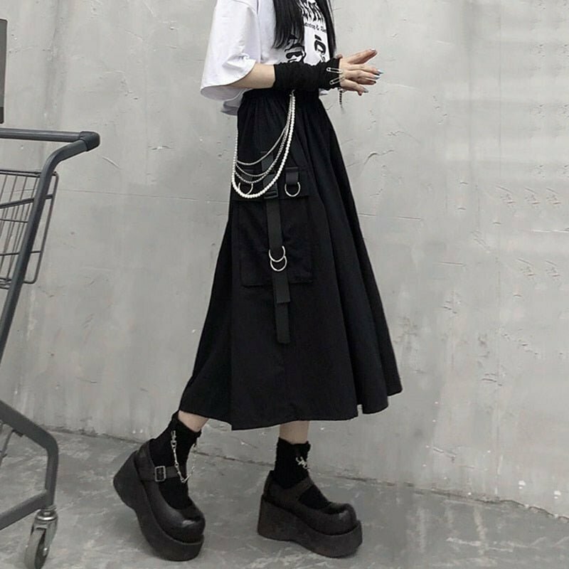 Y2K Grunge Cargo Skirt with Chain - Retro 90s Summer Outfit, Pastel Goth, Hip Hop Fashion