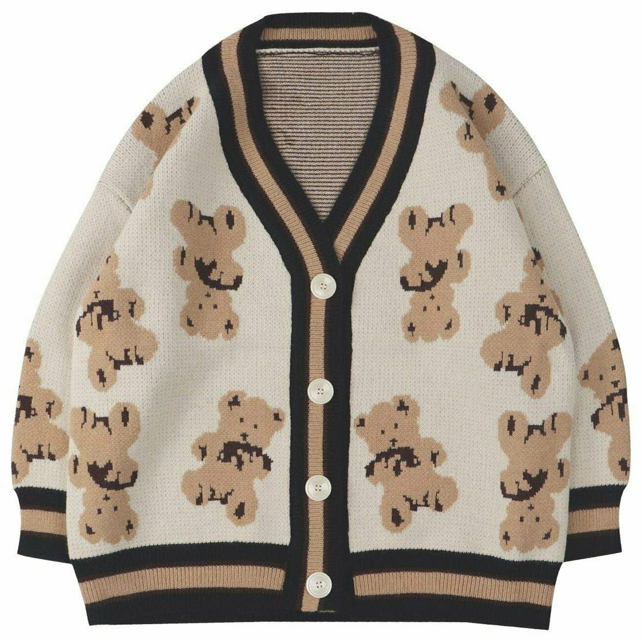 Y2K Grunge Cartoon Bear Print Knit Cardigan - Retro 90s Summer Outfit, Pastel Goth Style