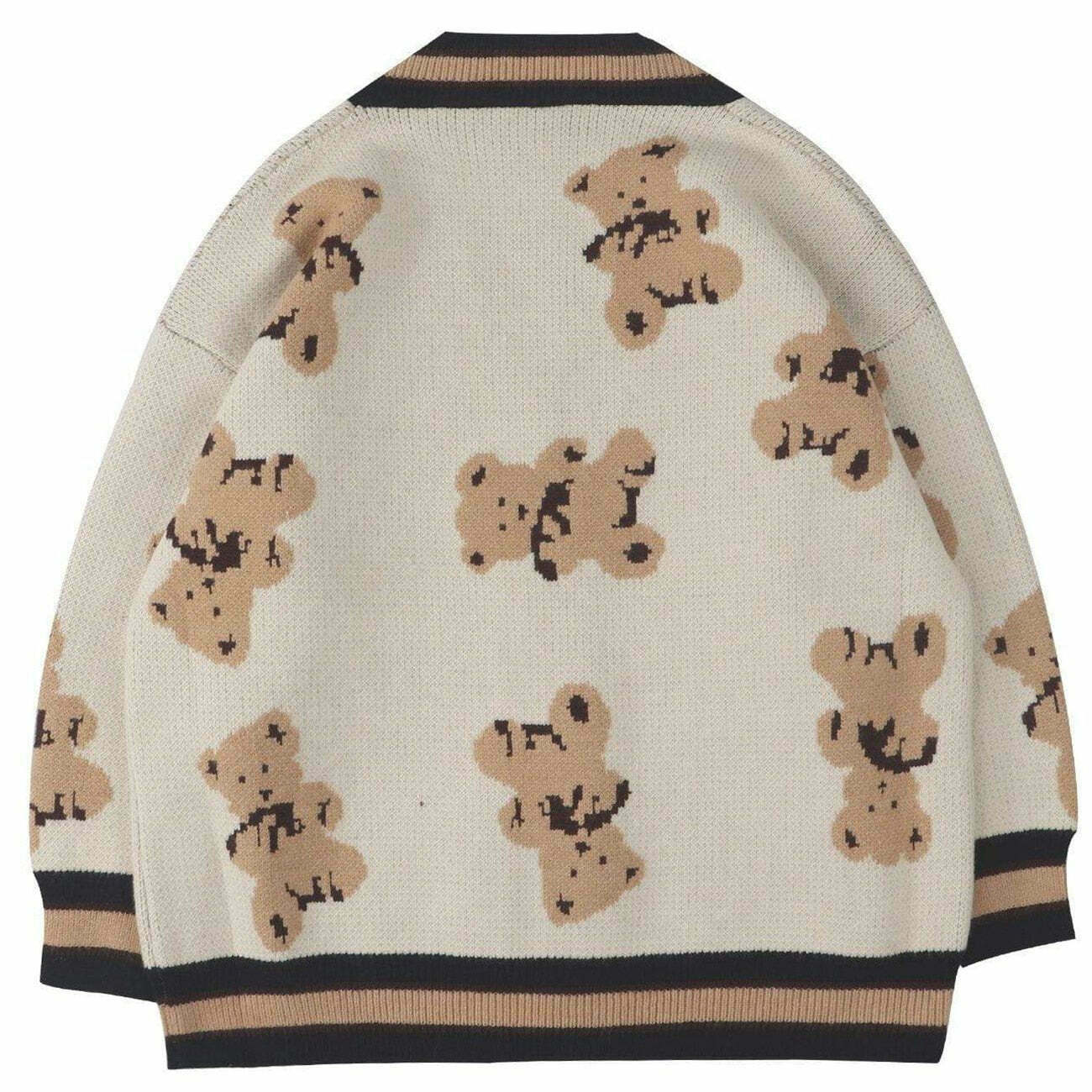 Y2K Grunge Cartoon Bear Print Knit Cardigan - Retro 90s Summer Outfit, Pastel Goth Style