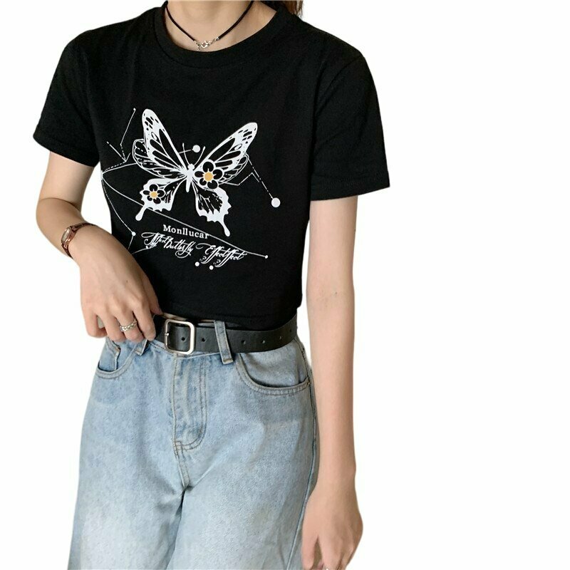 Y2K Grunge Cartoon Butterfly Print Edgy T-Shirt - Retro 90s Summer Outfit Essentials