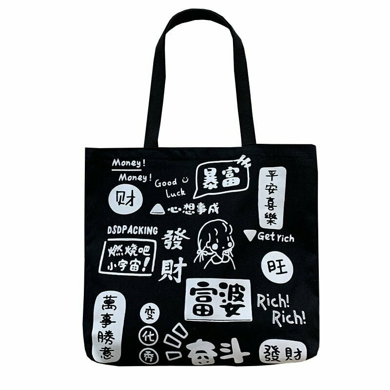 Y2K Grunge Cartoon Canvas Shopping Bag - Retro 90s Fashion, Pastel Goth, Y2K Summer Out