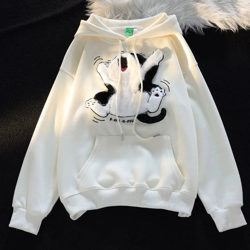 Y2K Grunge Cartoon Cat Fleece Hoodie - Retro 90s Fashion, Summer Outfits, and Party Looks